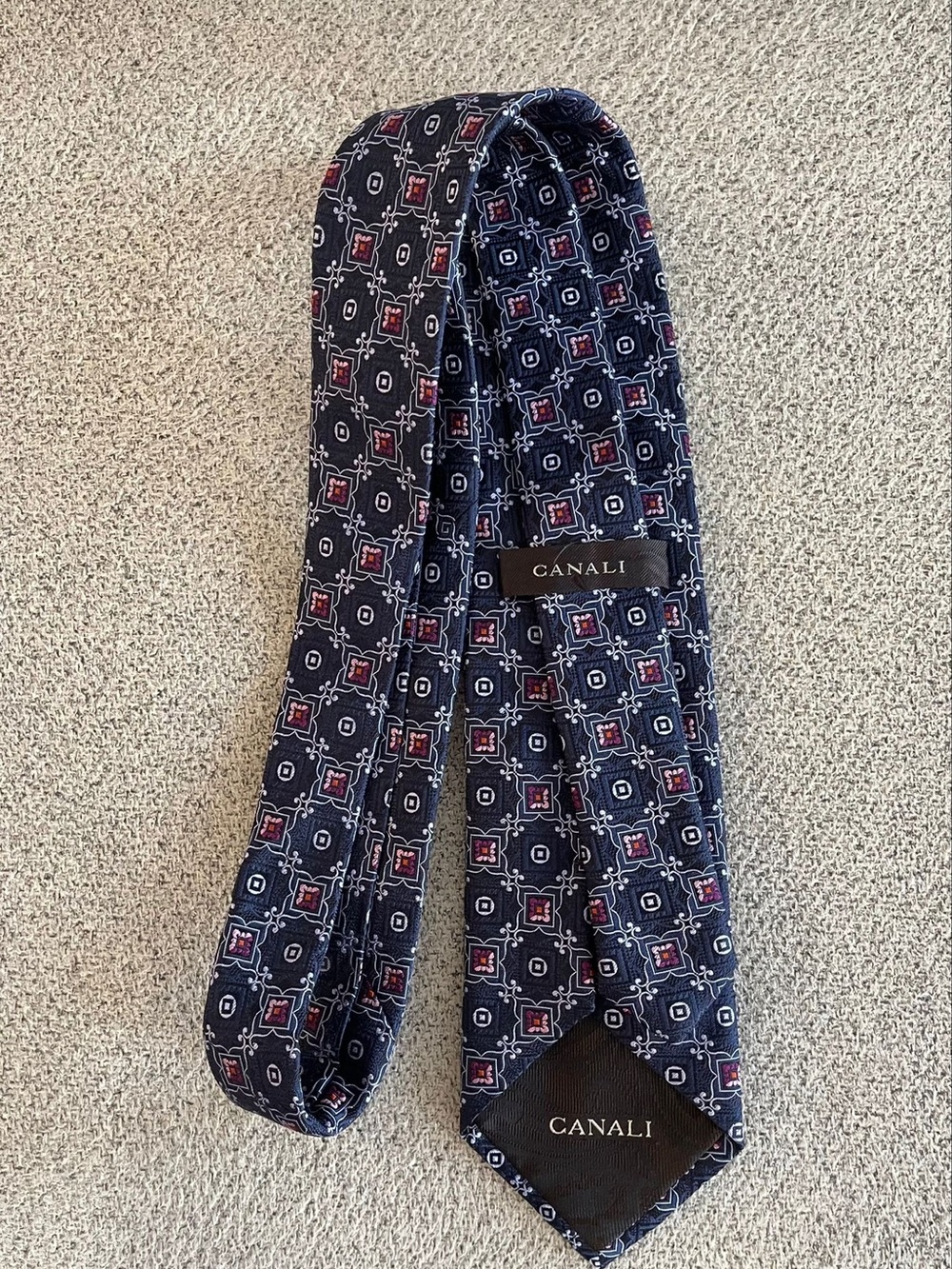 Canali Navy Silk Tie with Pink and White Geometric Motif